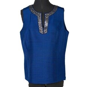 Ann Taylor Silk Sleeveless Top 10 Blue Sequins V Neck Lightweight  Blouse
